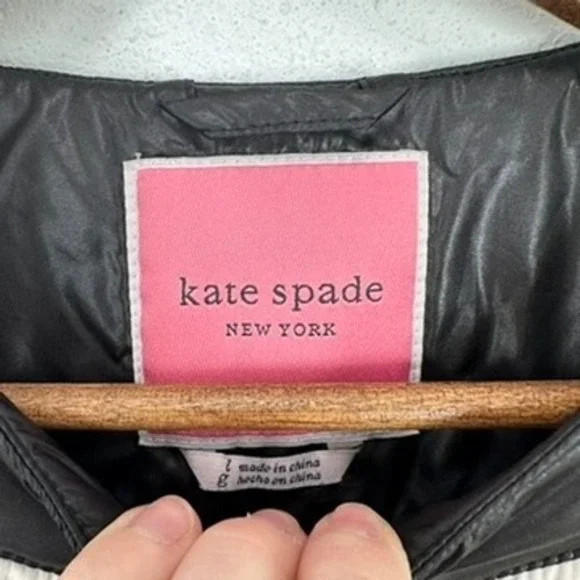 Kate Spade Quilted Puffer Coat Jacket Ivory Black Trim Pearl Buttons Size L - Picture 4 of 10